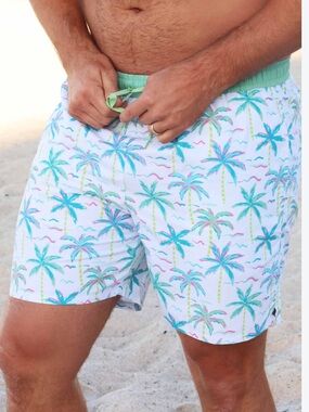NWT Caden Lane Men's Palm-Print Swim Trunks - White/Green